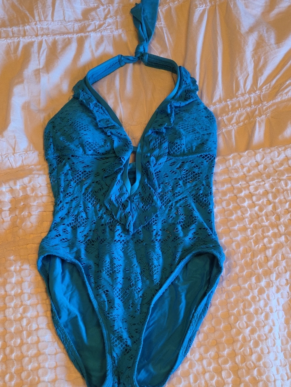 Kenneth Cole Teal Crochet Halter One-Piece Swimsuit